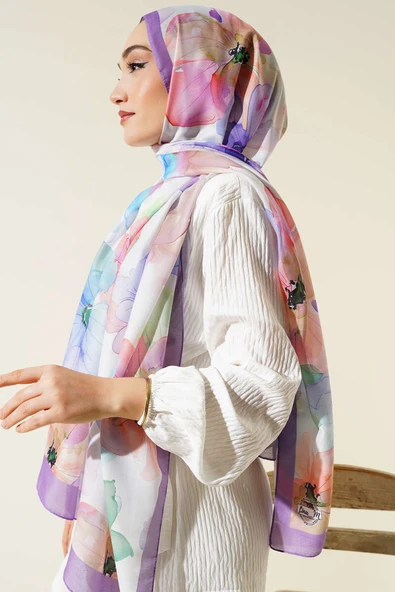 Menekşe Desen Şal Lila - Resim 3