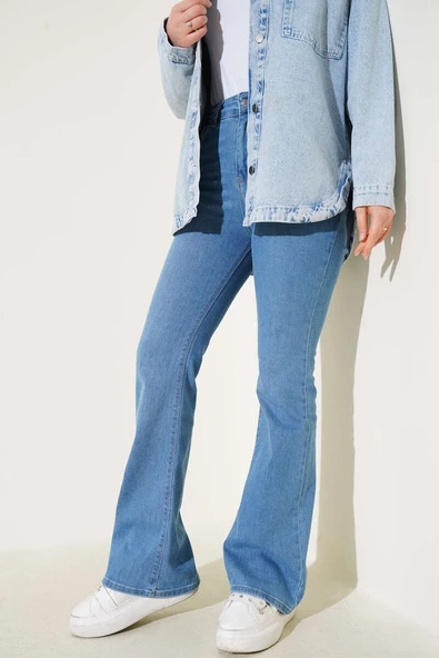 Yüksel Bel İspanyol Paça Pantolon Açık Mavi - Resim 2