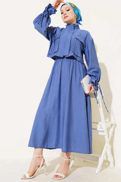 Göğüs Cepli Fermuarlı Etekli İkili Takım İndigo ürün görseli 1