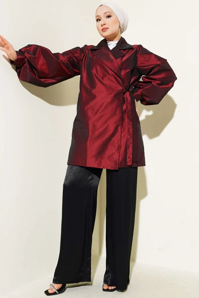 Yan Bağlamalı Parlak Tafta Ceket Bordo - Resim 2