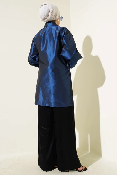 Yan Bağlamalı Parlak Tafta Ceket Lacivert - Resim 3