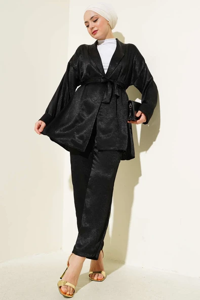 Kuşaklı Kırışık Saten İkili Takım Siyah ürün görseli 1