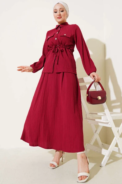 Çıtçıt Düğmeli Bel Tünelli Etekli İkili Takım Bordo ürün görseli 1