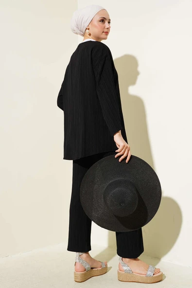 Önü İp Bağcıklı Krinkıl İkili Takım Siyah - Resim 3