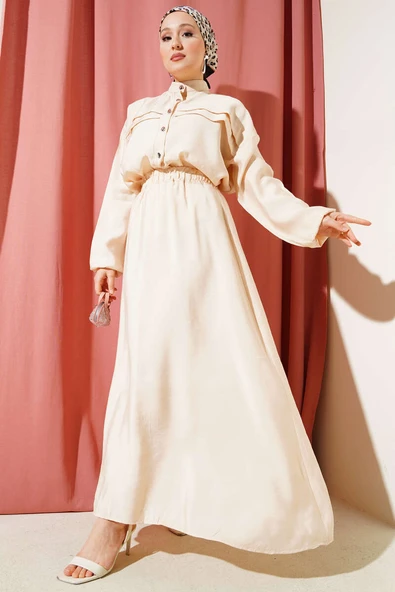 Yatay Pile Detaylı Etekli İkili Takım Bej ürün görseli 1