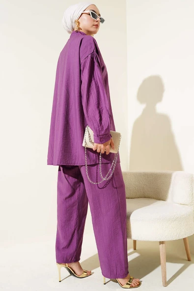 Gold Düğmeli İp Detaylı İkili Takım Magenta - Resim 3