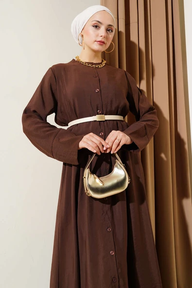 Düğmeli Kuşaklı Jile İkili Takım Kahve - Resim 2