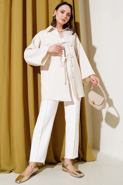 Önü Bağcıklı Keten Kimono Bej - Resim 2