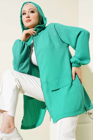 Kapüşonlu Fermuarlı Ağaç Kabuğu Kap Yeşil ürün görseli 1