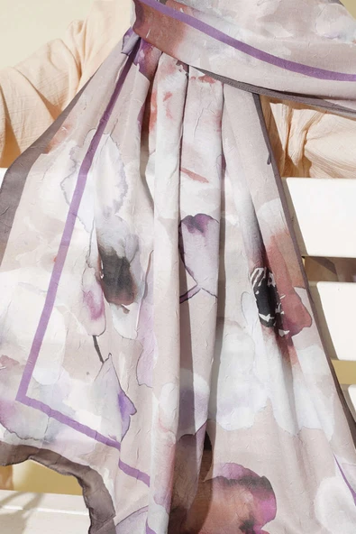 Çiçek Desenli Bambu Şal Kahve - Resim 4