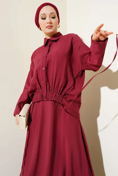 Lastik Detaylı Etekli İkili Takım Bordo - Resim 2