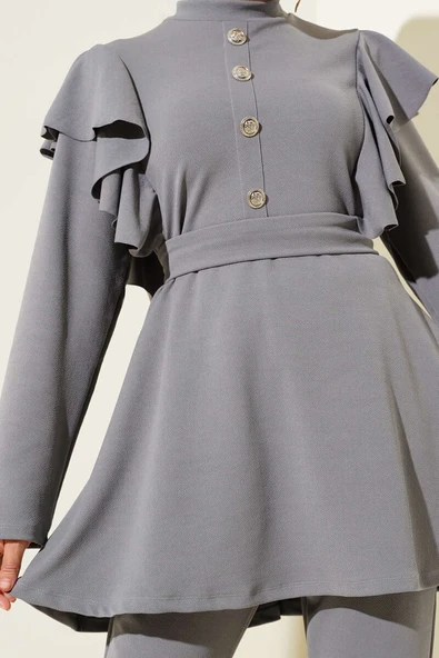 Omuz Fırfırlı Kuşaklı Tunik İkili Takım Gri - Resim 4