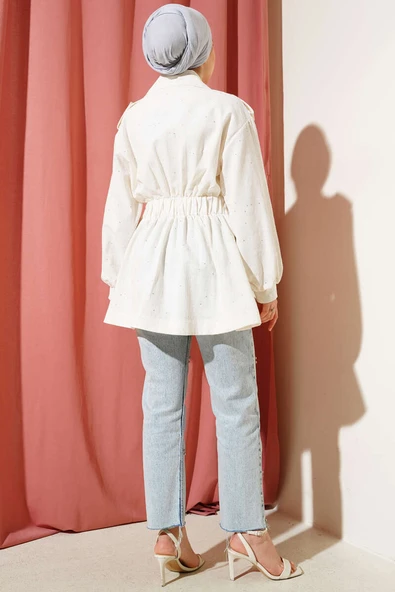 Bel Lastikli Kendinden Kemerli Ceket Krem - Resim 3