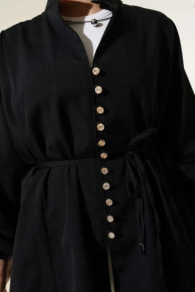 Taşlı Brit Düğmeli Terikoton Gömlek Siyah - Resim 4