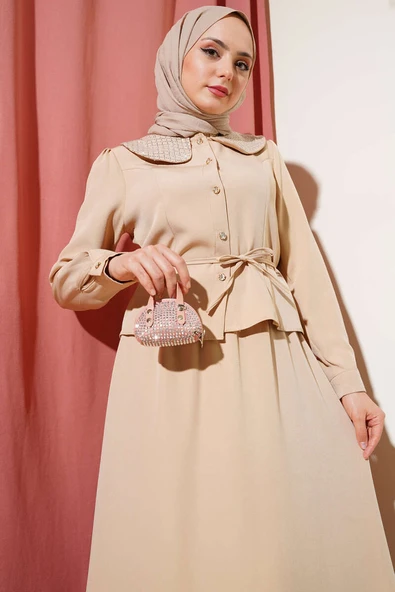 Taşlı Bebe Yaka Etekli İkili Takım Bej - Resim 2