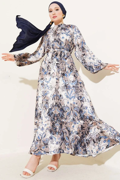 Etnik Desenli Kuşaklı Saten Elbise Mavi ürün görseli 1