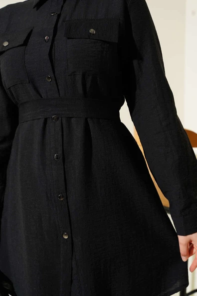 Çift Göğüs Cepli Kuşaklı İkili Takım Siyah - Resim 4