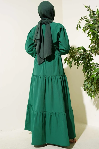 Nakışlı Bel Lastikli Kat Kat Elbise Zümrüt - Resim 3