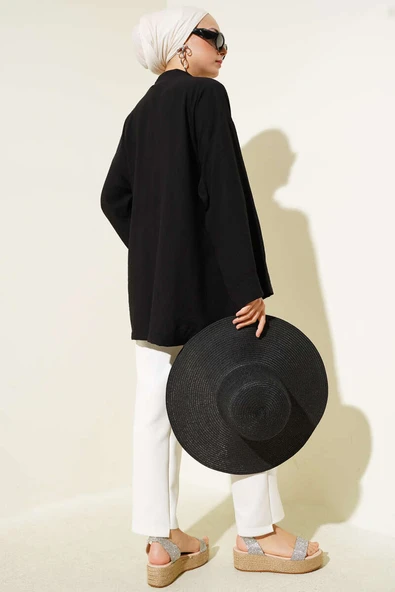 Yandan Çift İp Bağlamalı Kimono Siyah - 3