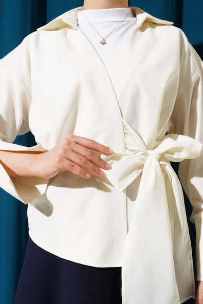 Yandan Bağlamalı Bluz Ekru - Resim 4