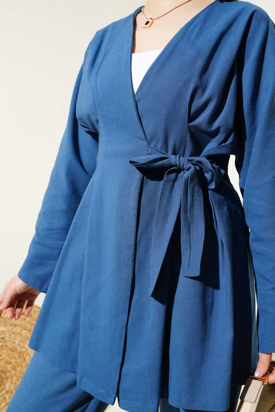 Pensli Bağlamalı Keten İkili Takım İndigo - Resim 4