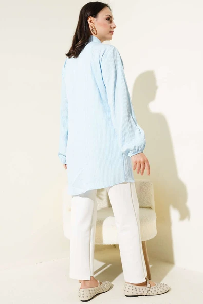 Yan Bağlamalı Kabartma Çizgili Gömlek Mavi - Resim 3