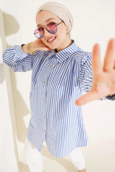 Omuz Büzgülü Çizgili Gömlek Mavi ürün görseli 1