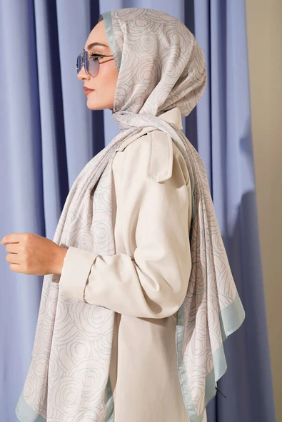 Çizgi Gül Desen Soft Şal Su Yeşili - Resim 3