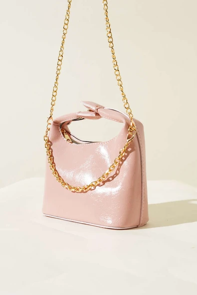 Çıtçıt Kulplu Zincir Askılı Rugan Çanta Pudra - Resim 1
