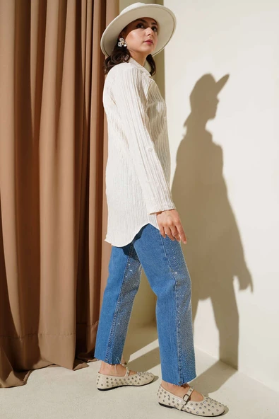 Önü İncili Kabartma Çizgili Gömlek Ekru - Resim 3