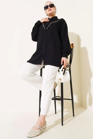 V Taşlı Gömlek Siyah - Resim 2