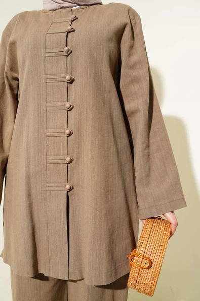 Brit Düğmeli Keten Tunik İkili Takım Vizon - Resim 4