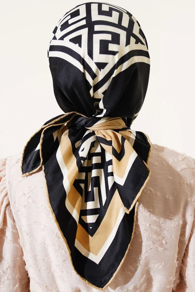 Geometrik Detaylı Saten Twill Eşarp Latte - Resim 3