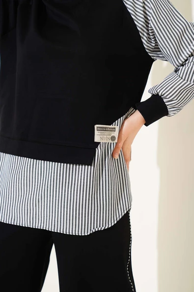 Loyşa Çizgi Garnili Tunik İkili Takım Siyah - Resim 4