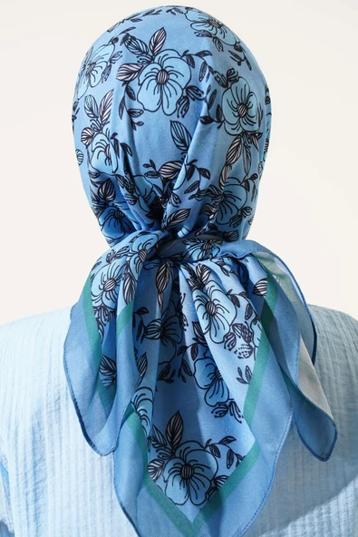 Çiçek Desenli Şeritli Eşarp İndigo - Resim 3