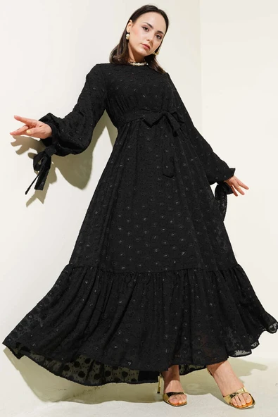 Sim Puantiyeli Volanlı Kuşaklı Elbise Siyah
