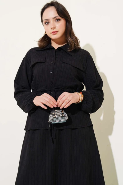 Cep Kapaklı Bel Tünelli Etekli Bürümcük Takım Siyah - Resim 2