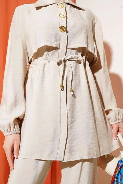 Parça Detaylı Bel Tünelli İkili Takım Bej - Resim 4