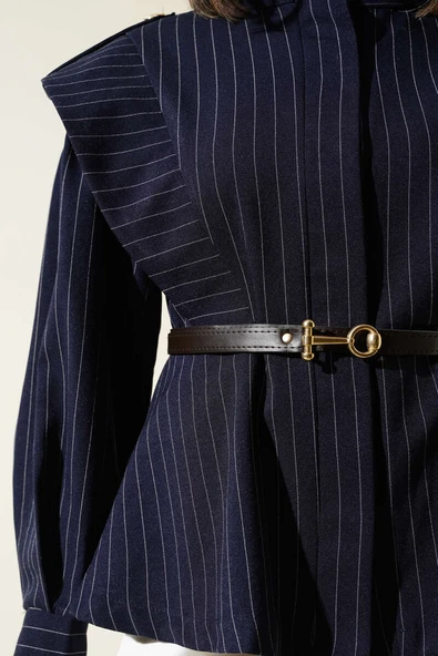 Çizgili Omuz Apoletli Kemerli Ceket Lacivert - Resim 4