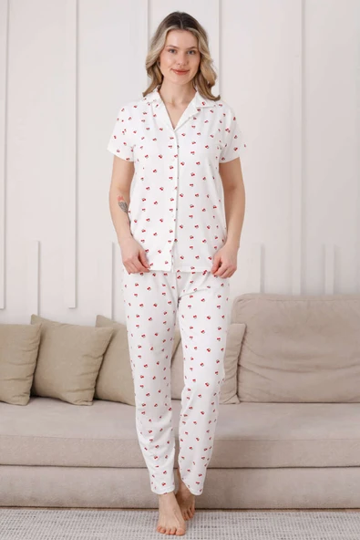 Gömlek Yaka Kirazlı Kısa Kol Pijama Takımı Beyaz - Resim 2