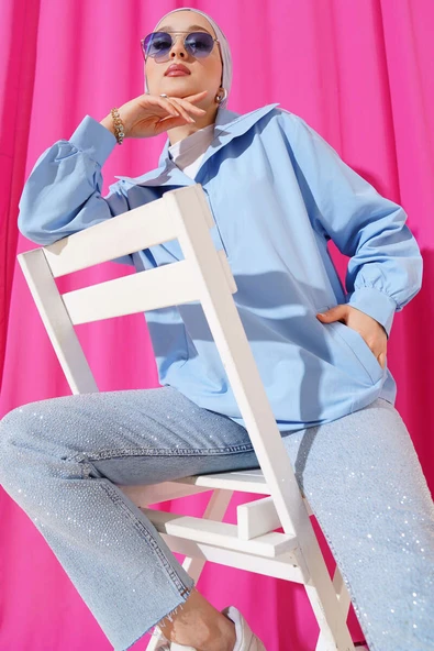 V Yaka Cepli Tunik Mavi ürün görseli 1