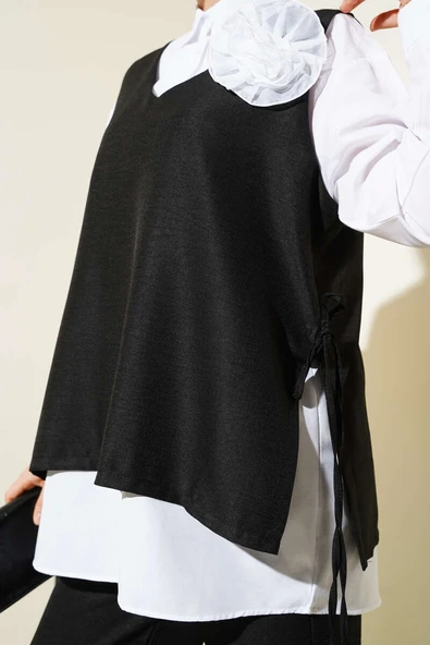 Yan İpli Yelekli Üçlü Takım Siyah - Resim 4