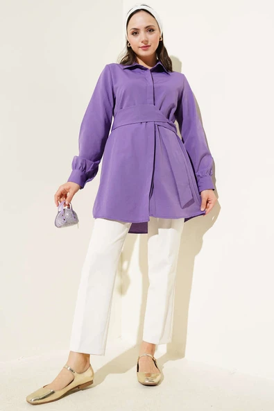 Gizli Düğmeli Kendinden Kuşaklı Gömlek Lila - Resim 2