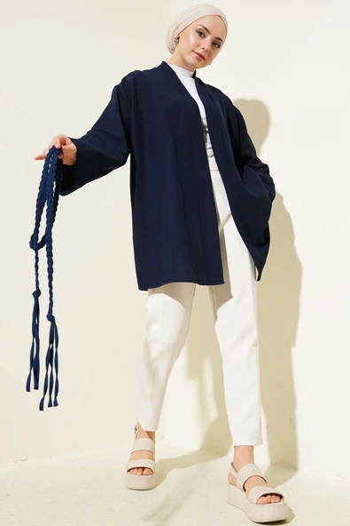 Örgü Kemerli Kimono Lacivert - Resim 2