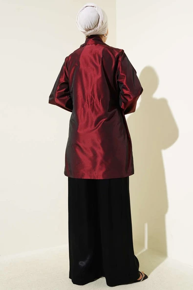 Yan Bağlamalı Parlak Tafta Ceket Bordo - Resim 3