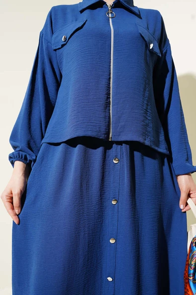 Düğme Detaylı Fermuarlı Ayrobin Jile İkili Takım İndigo - Resim 4