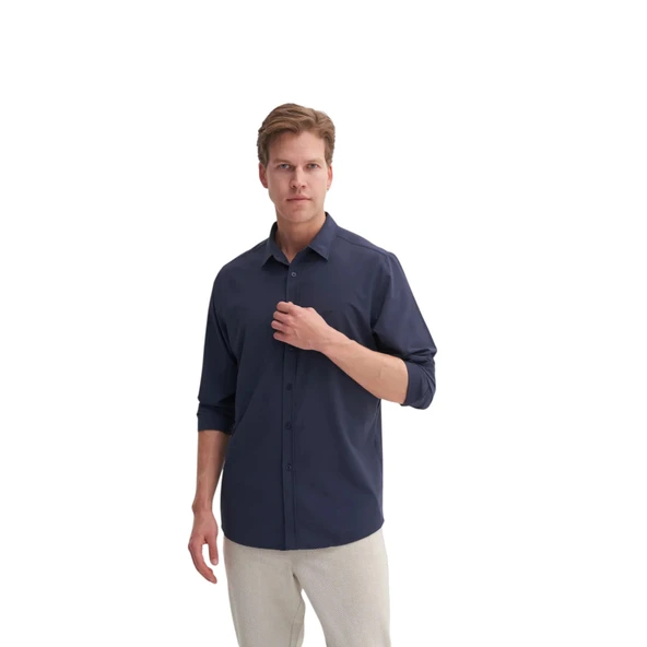 Regular Fit Dokuma Viscon Uzun Kol Gömlek - Resim 7