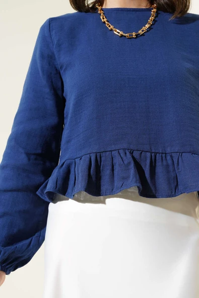 Fırfırlı Keten Bluz Lacivert - Resim 4