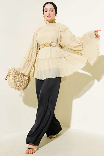 Pliseli Kat Kat Salaş Tunik Bej - Resim 2