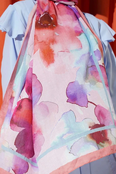 Çiçek Desenli Bambu Şal Somon - Resim 4